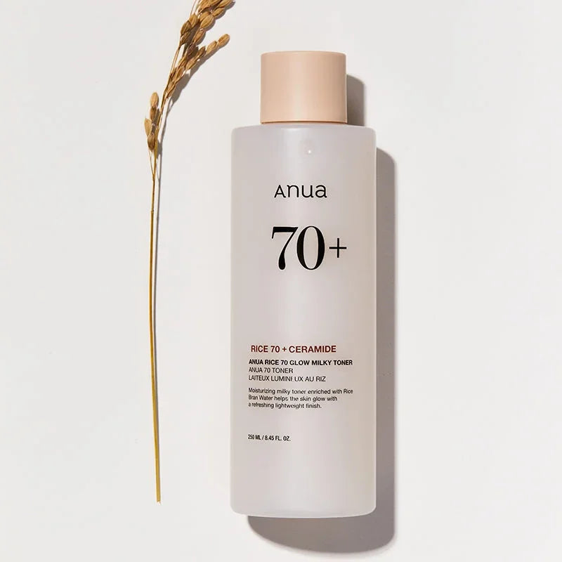 Anua Rice 70+ Ceramide Milky Toner for glowing skin, Korean beauty skincare product with natural rice extract