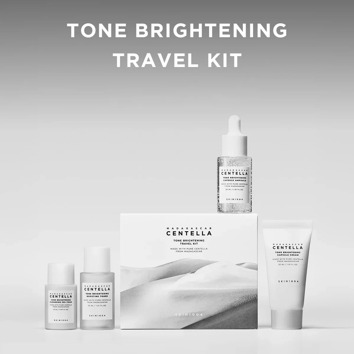 Madagascar Centella Tone Brightening Travel Kit with cleansing foam, toner, ampoule, and cream for radiant skin